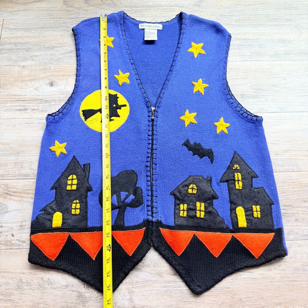 Vintage Victoria Jones Halloween Sweater Vest Large Witch Haunted House Bat 90s - Picture 8 of 10